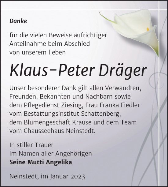 Traueranzeige von Klaus-Peter Dräger von Trauerkombi Quedlinburg