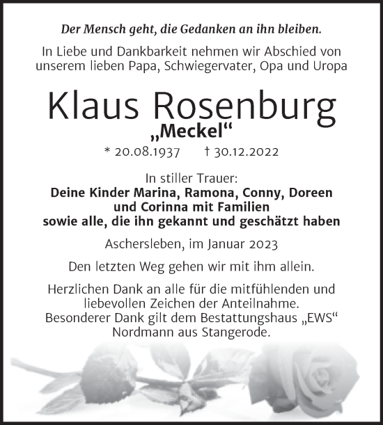 Traueranzeige von Klaus Rosenburg von Trauerkombi Aschersleben