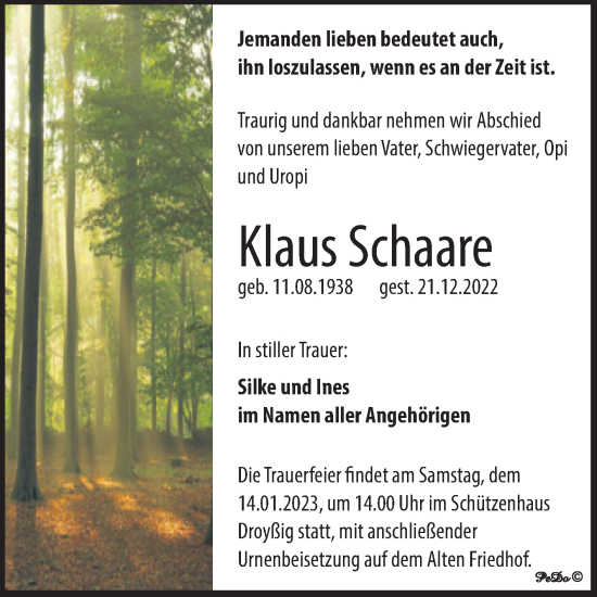 Traueranzeige von Klaus Schaare von Trauerkombi Zeitz