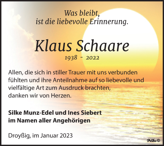 Traueranzeige von Klaus Schaare von Trauerkombi Zeitz