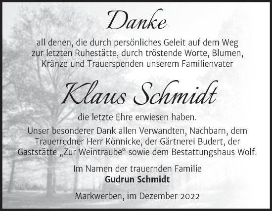 Traueranzeige von Klaus Schmidt von Trauerkombi Weißenfels
