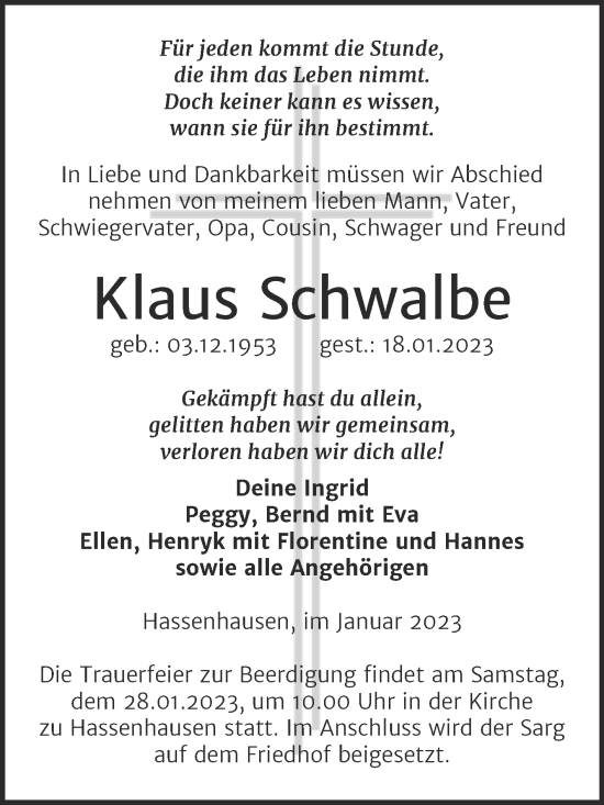 Traueranzeige von Klaus Schwalbe von Wochenspiegel Naumburg/Nebra
