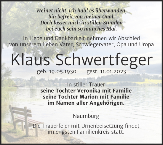 Traueranzeige von Klaus Schwertfeger von Wochenspiegel Naumburg/Nebra