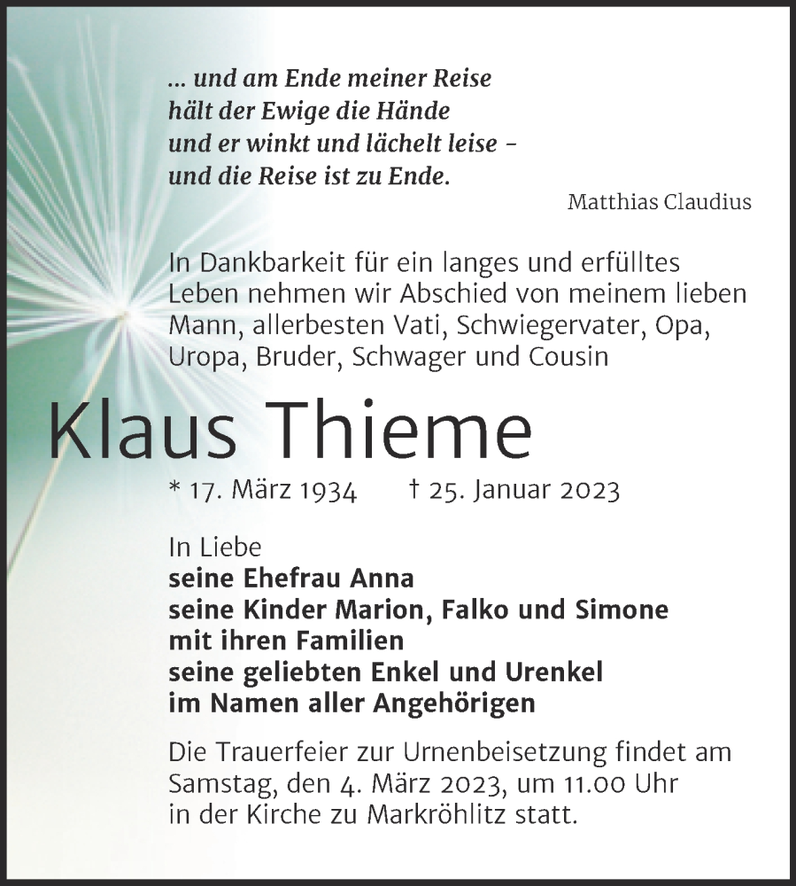  Traueranzeige für Klaus Thieme vom 28.01.2023 aus Trauerkombi Weißenfels