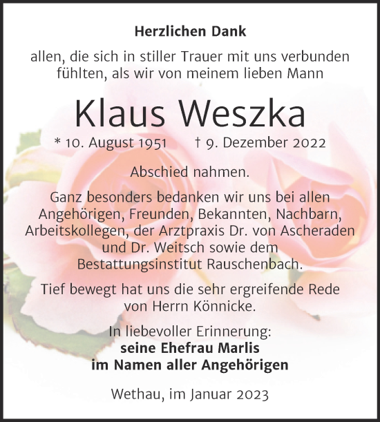 Traueranzeige von Klaus Weszka von Wochenspiegel Naumburg/Nebra