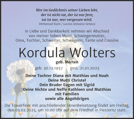 Traueranzeige von Kordula Wolters von Trauerkombi Wittenberg