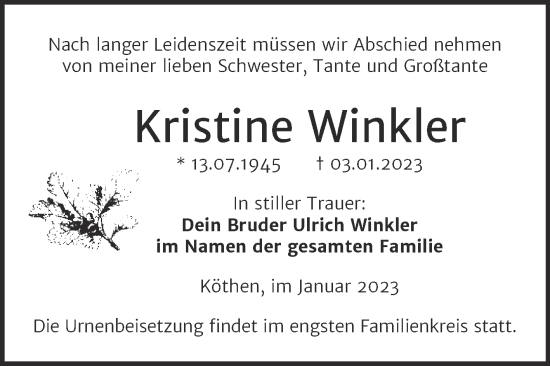 Traueranzeige von Kristine Winkler von Trauerkombi Köthen