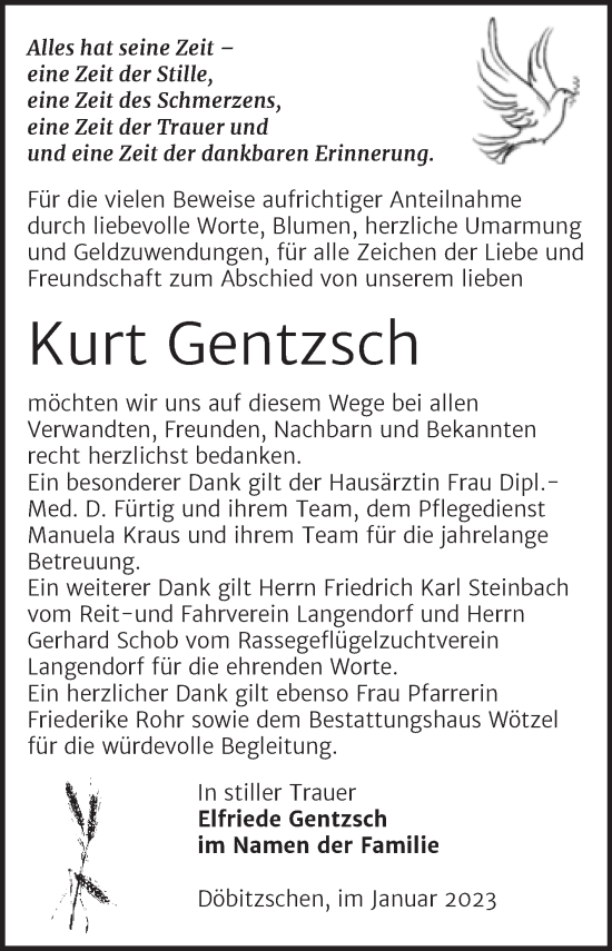 Traueranzeige von Kurt Gentzsch von Trauerkombi Zeitz