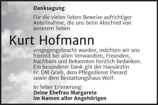 Traueranzeige von Kurt Hofmann von Trauerkombi Weißenfels