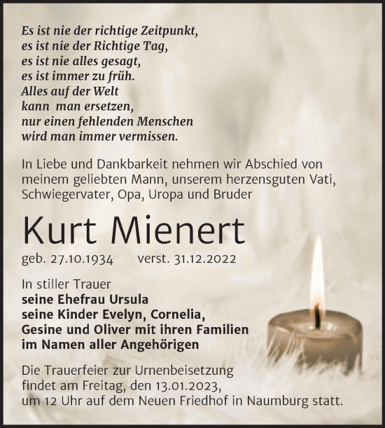 Traueranzeige von Kurt Mienert von Wochenspiegel Naumburg/Nebra