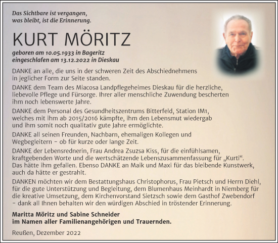 Traueranzeige von Kurt Möritz von Mitteldeutsche Zeitung Halle/Saalkreis