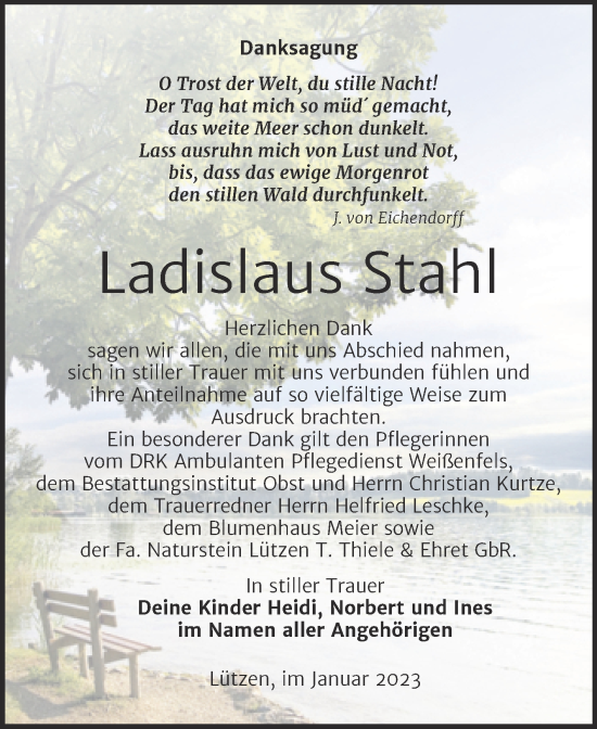 Traueranzeige von Ladislaus Stahl von Trauerkombi Weißenfels