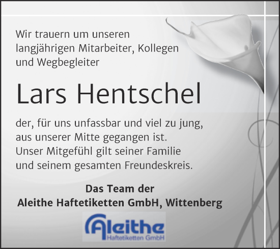 Traueranzeige von Lars Hentschel von Super Sonntag Wittenberg