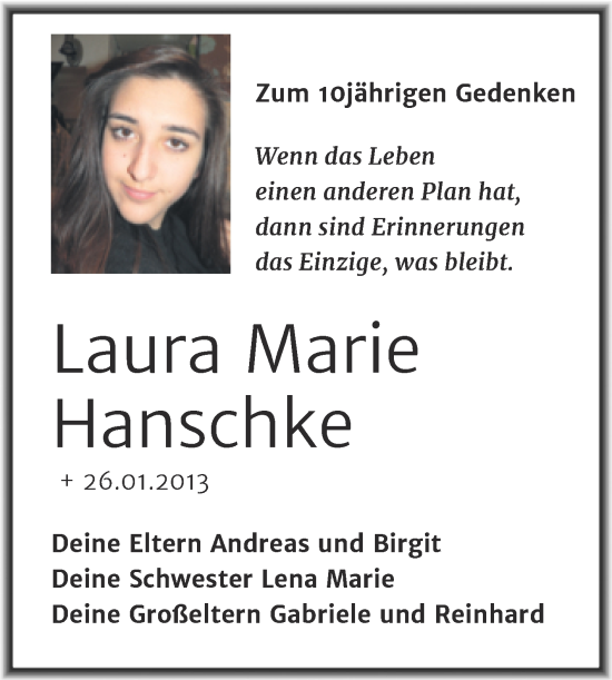 Traueranzeige von Laura Marie  Hanschke von Trauerkombi Dessau