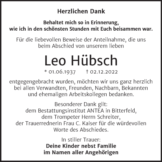 Traueranzeige von Leo Hübsch von Trauerkombi Bitterfeld