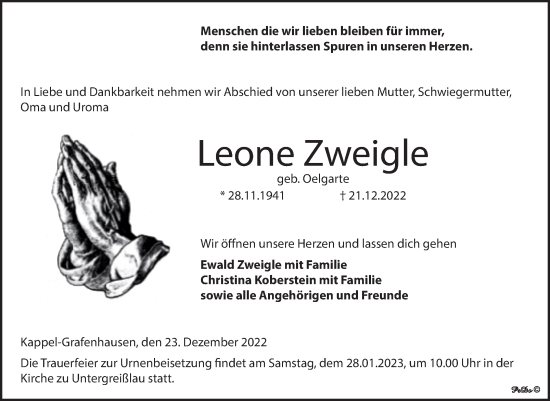 Traueranzeige von Leone Zweigle von Trauerkombi Weißenfels