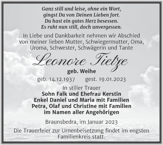 Traueranzeige von Leonore Tietze von Trauerkombi Merseburg