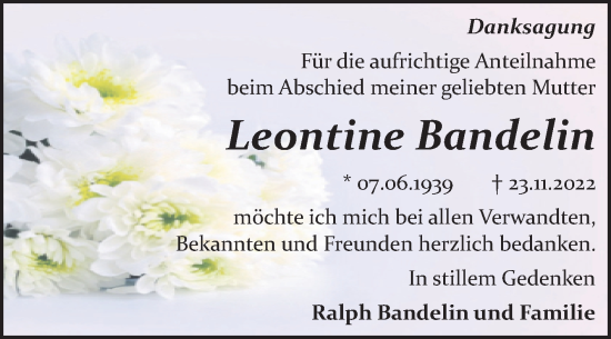 Traueranzeige von Leontine Bandelin von Trauerkombi Bitterfeld