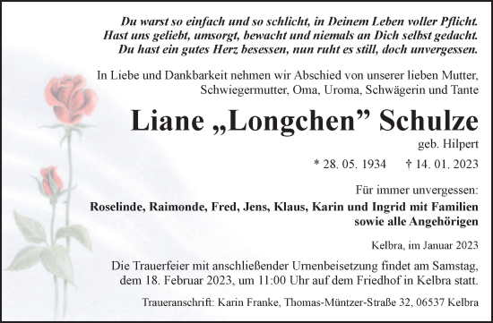 Traueranzeige von Liane Schulze von Trauerkombi Sangerhausen