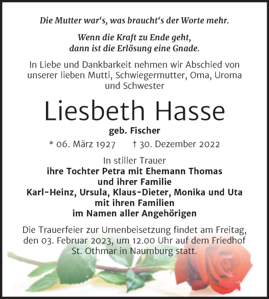 Traueranzeige von Liesbeth Hasse von Wochenspiegel Naumburg/Nebra