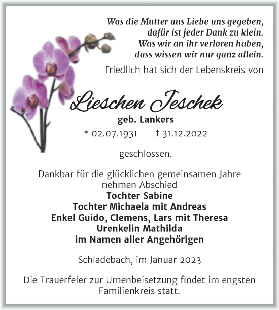 Traueranzeige von Lieschen Jeschek von Trauerkombi Merseburg