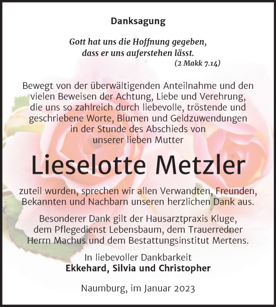 Traueranzeige von Lieselotte Metzler von Naumburger Tageblatt