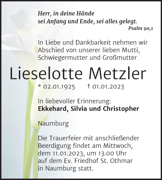 Traueranzeige von Lieselotte Metzler von Naumburger Tageblatt