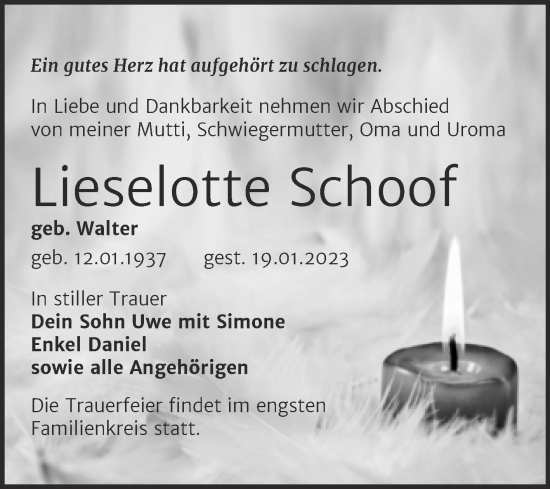 Traueranzeige von Lieselotte Schoof von Trauerkombi Wittenberg