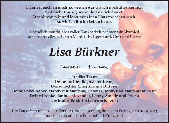 Traueranzeige von Lisa Bürkner von Trauerkombi Bitterfeld