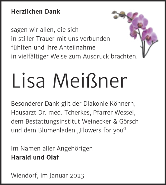 Traueranzeige von Lisa Meißner von Trauerkombi Bernburg