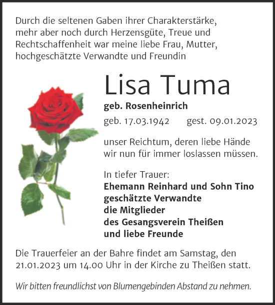 Traueranzeige von Lisa Tuma von Mitteldeutsche Zeitung Zeitz