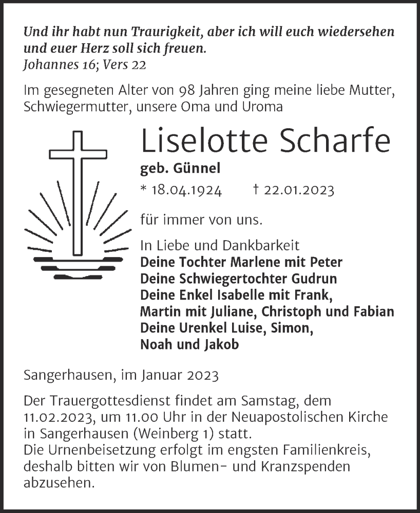  Traueranzeige für Liselotte Scharfe vom 28.01.2023 aus Trauerkombi Sangerhausen