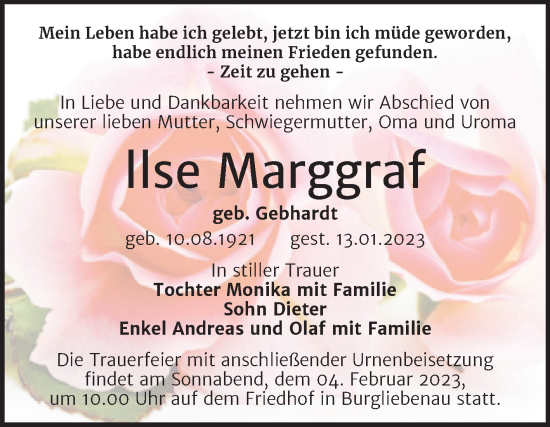 Traueranzeige von llse Marggraf von Mitteldeutsche Zeitung Merseburg/Querfurt