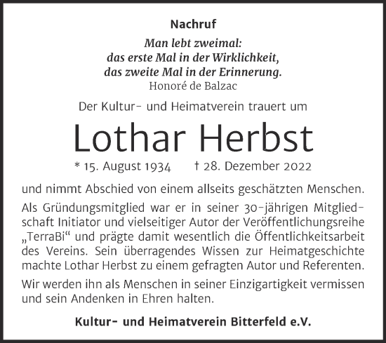 Traueranzeige von Lothar Herbst von Trauerkombi Bitterfeld