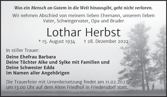 Traueranzeige von Lothar Herbst von Trauerkombi Bitterfeld