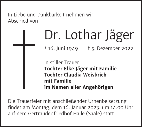 Traueranzeige von Lothar Jäger von Mitteldeutsche Zeitung Halle/Saalkreis