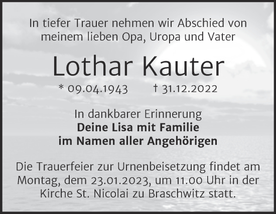 Traueranzeige von Lothar Kauter von Mitteldeutsche Zeitung Halle/Saalkreis
