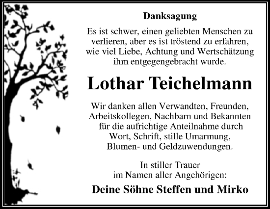 Traueranzeige von Lothar Teichelmann von Trauerkombi Wittenberg