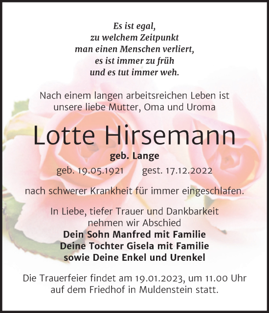 Traueranzeige von Lotte Hirsemann von Trauerkombi Bitterfeld
