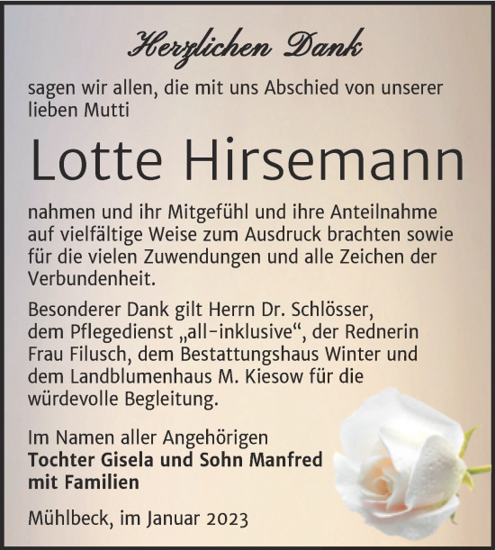 Traueranzeige von Lotte Hirsemann von Trauerkombi Bitterfeld