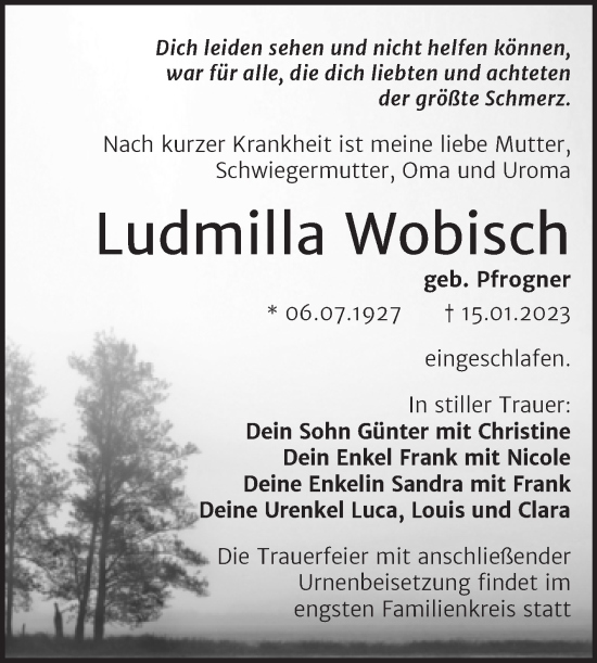 Traueranzeige von Ludmilla Wobisch von Trauerkombi Dessau