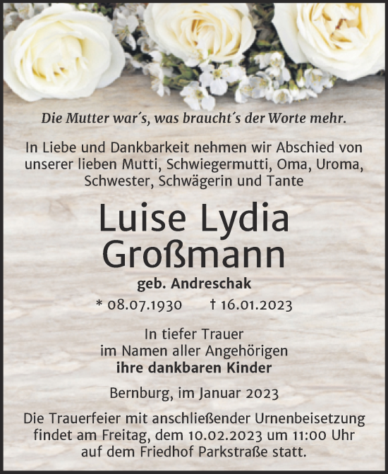 Traueranzeige von Luise Lydia Großmann von Trauerkombi Bernburg
