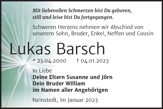 Traueranzeige von Lukas Barsch von Trauerkombi Quedlinburg
