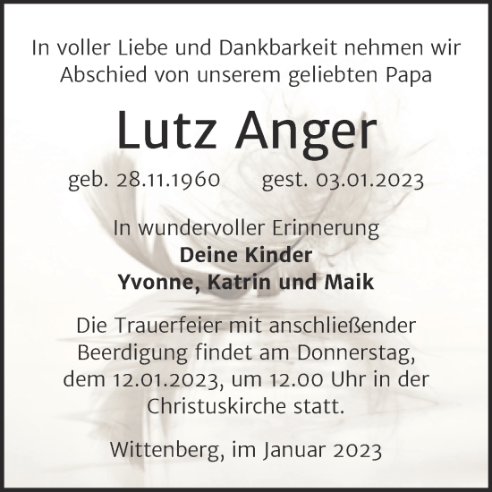 Traueranzeige von Lutz Anger von Trauerkombi Wittenberg