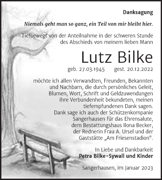 Traueranzeige von Lutz Bilke von Trauerkombi Sangerhausen