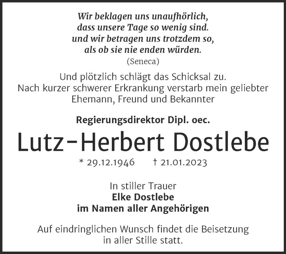  Traueranzeige für Lutz-Herbert Dostlebe vom 28.01.2023 aus Mitteldeutsche Zeitung Halle/Saalkreis