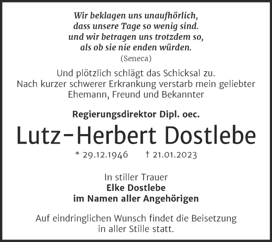 Traueranzeige von Lutz-Herbert Dostlebe von Mitteldeutsche Zeitung Halle/Saalkreis