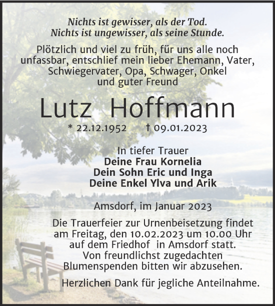 Traueranzeige von Lutz Hoffmann von Trauerkombi Mansfelder Land