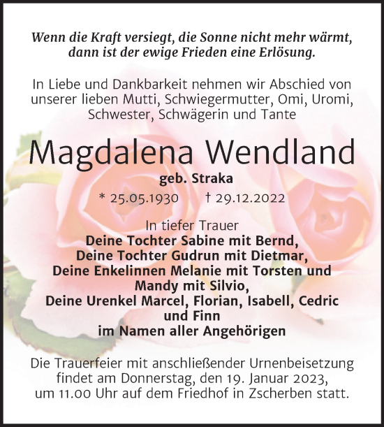 Traueranzeige von Magdalena Wendland von Mitteldeutsche Zeitung Halle/Saalkreis
