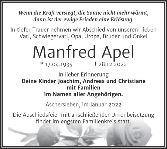 Traueranzeige von Manfred Apel von Trauerkombi Aschersleben